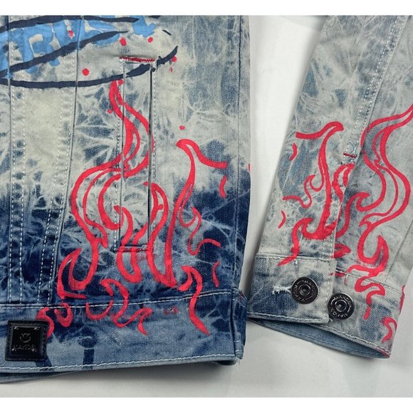 Makobi Men Small Denim Jean Jacket Acid Wash Light Blue Painted Distressed M1052 - Picture 4 of 11